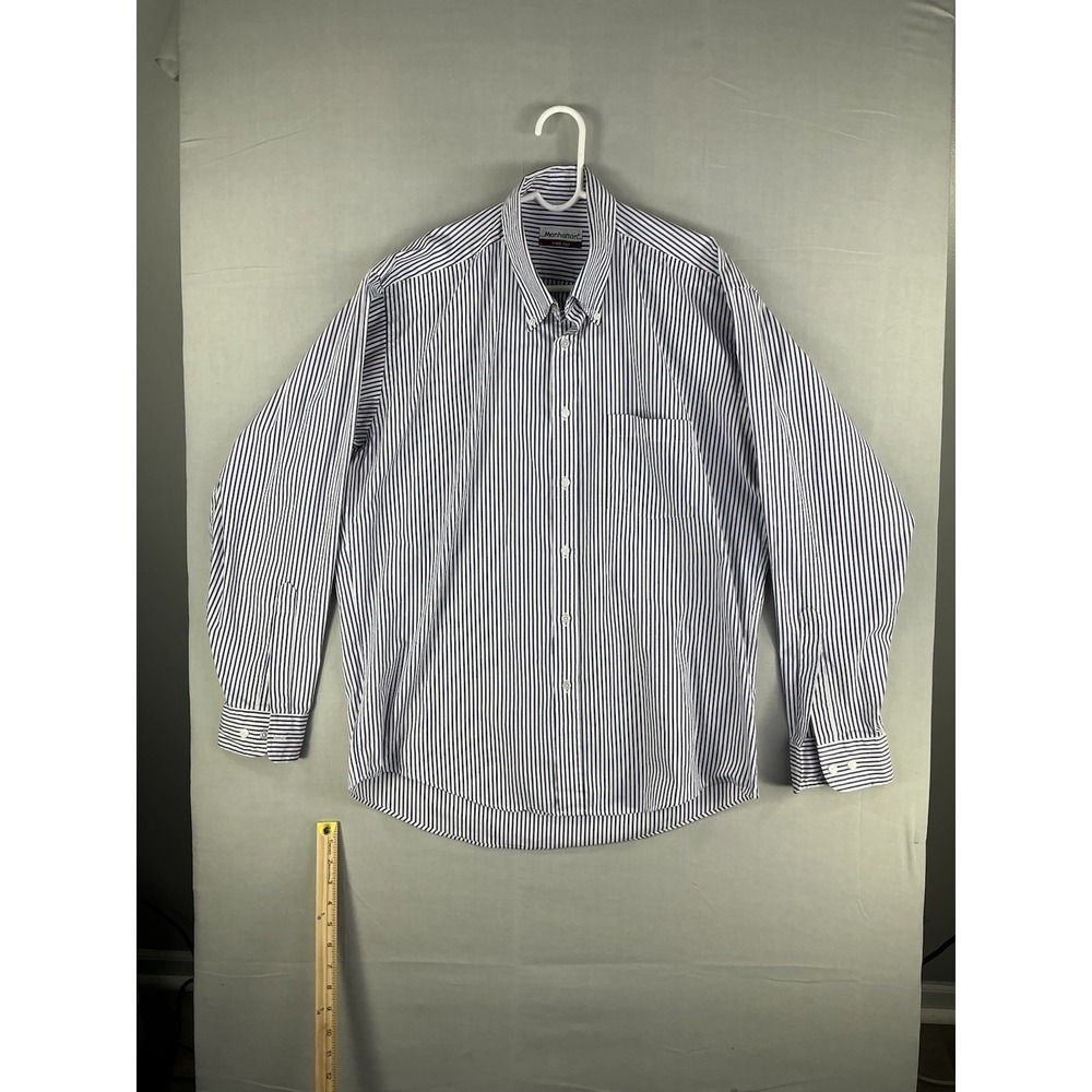 Manhattan Blue White Striped Button-Down Dress Shirt Men's 16.5 34-35